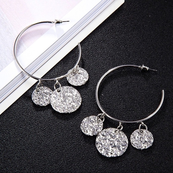 Any 3/$25!  Silver Hoops w/Dangling Discs Stud Earrings - Picture 4 of 9